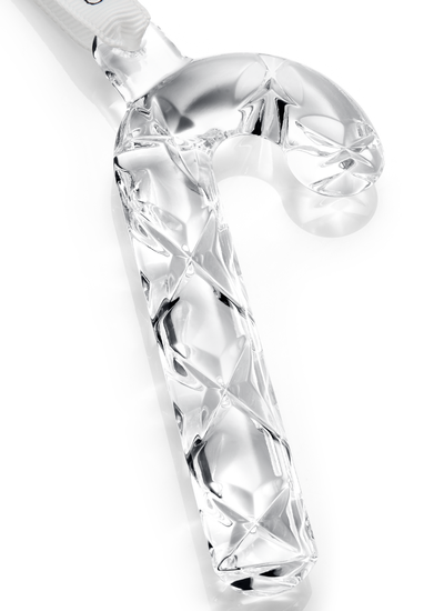 Waterford Crystal Mini Candy Cane Ornament with diamond-cut detail, finished with a white and gold satin ribbon and a metal tag, ideal for festive tree décor